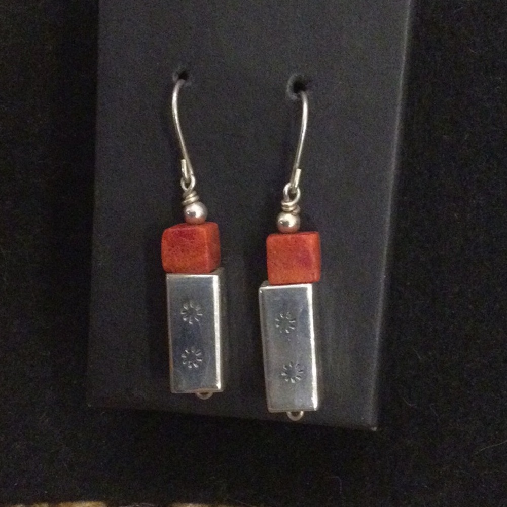 Native American Coral and sterling silver dangle earrings